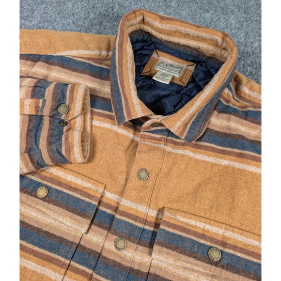 LL Bean Primaloft Lined Chamois Shirt Jac Mens Large Reg Brown Striped Quilted